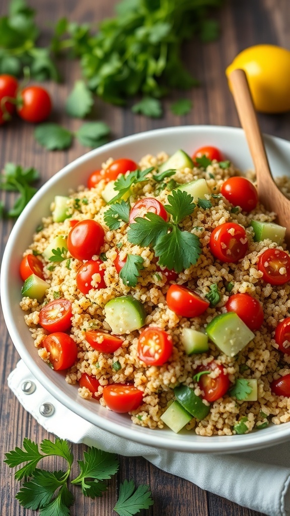 A vibrant bowl of Mediterranean quinoa salad with tomatoes, cucumber, parsley, and feta cheese on a rustic table.